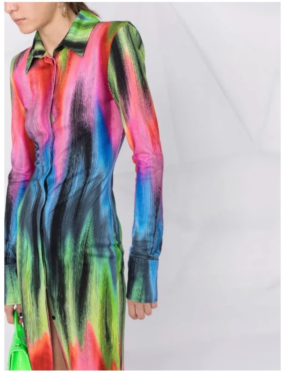 The Attico Multicolor Brushstroke Long-Sleeve Shirt Dress - Pink, Blue & Green